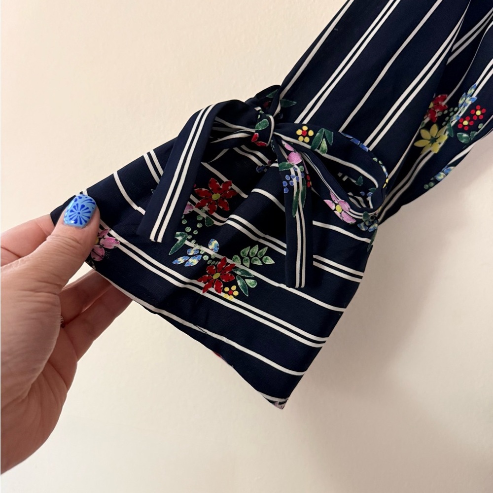 Skies Are Blue Floral Striped Belted Dress, size M, Cuff Ties, Button Up Mini - Picture 4 of 10